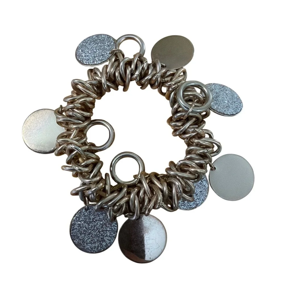 Gold Tone Chunky Multi Link Stretch Charm Bracelet Glitter‎ Disc Accents